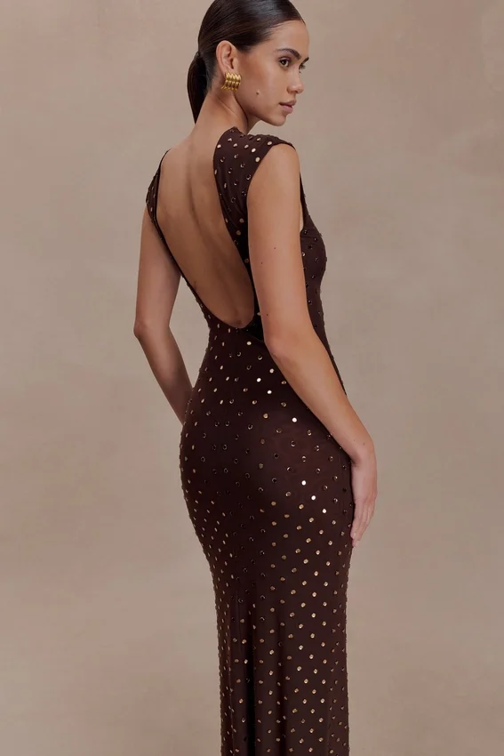 Samara Sleeveless Diamante Maxi Dress – Chocolate Samara Sleeveless Diamante Maxi Dress – Chocolate