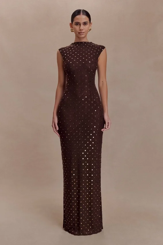 Samara Sleeveless Diamante Maxi Dress – Chocolate Samara Sleeveless Diamante Maxi Dress – Chocolate