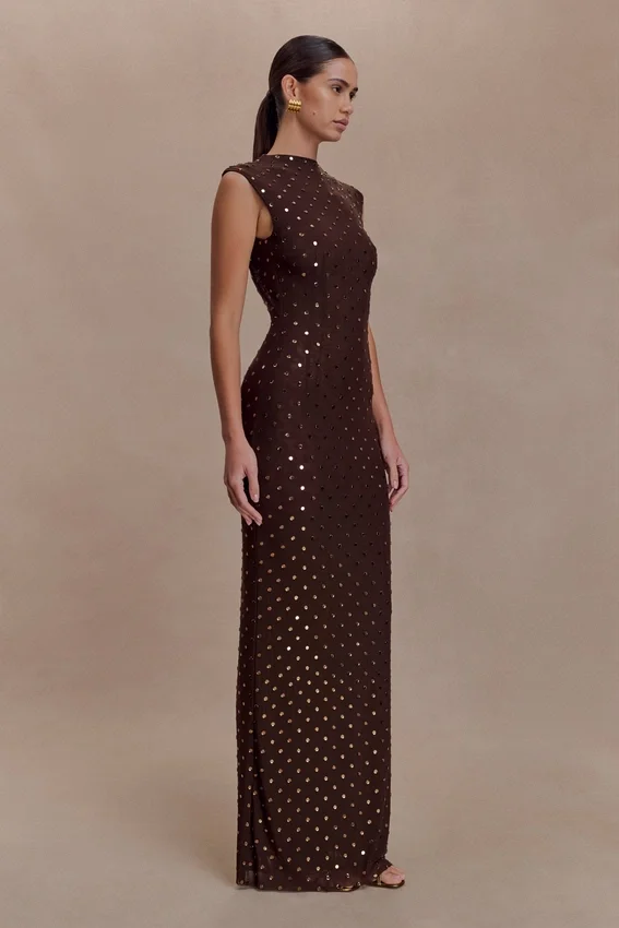 Samara Sleeveless Diamante Maxi Dress – Chocolate Samara Sleeveless Diamante Maxi Dress – Chocolate