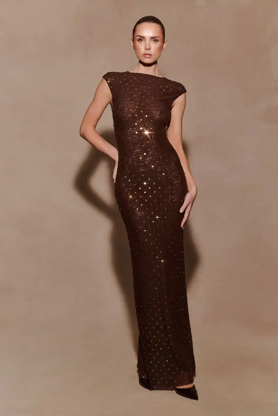Samara Sleeveless Diamante Maxi Dress – Chocolate Samara Sleeveless Diamante Maxi Dress – Chocolate