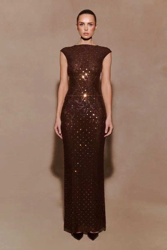 Samara Sleeveless Diamante Maxi Dress – Chocolate Samara Sleeveless Diamante Maxi Dress – Chocolate