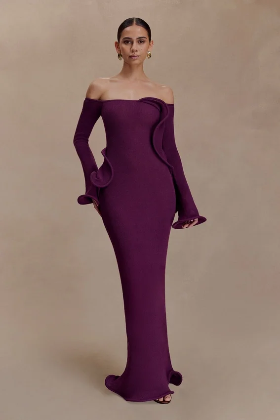 Sandrine Off Shoulder Knit Maxi Dress – Plum Sandrine Off Shoulder Knit Maxi Dress – Plum