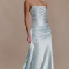 Sarah Strapless Maxi Dress With Waist Tie – Ice Blue