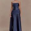 Sarah Strapless Maxi Dress With Waist Tie – Navy