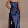 Sarah Strapless Maxi Dress With Waist Tie – Navy