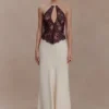 Sascha Lace And Satin Halter Maxi Dress – Ivory/Chocolate