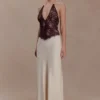 Sascha Lace And Satin Halter Maxi Dress – Ivory/Chocolate