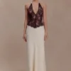 Sascha Lace And Satin Halter Maxi Dress – Ivory/Chocolate