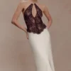Sascha Lace And Satin Halter Maxi Dress – Ivory/Chocolate