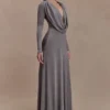 Scarlet Lurex Cowl Maxi Dress – Silver