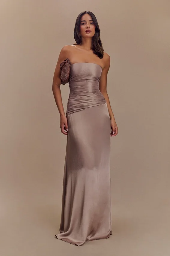 Serena Strapless Taffeta Maxi Dress – Bronze Taupe Serena Strapless Taffeta Maxi Dress – Bronze Taupe
