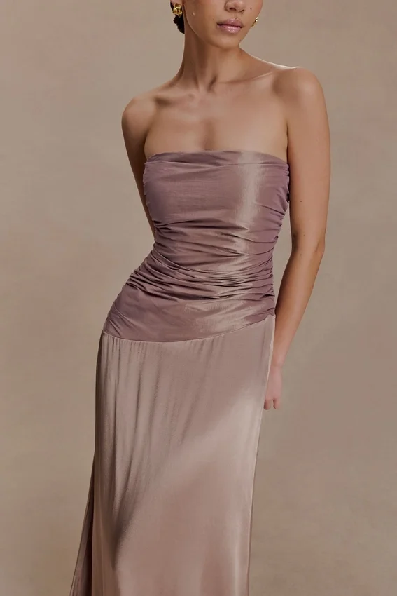 Serena Strapless Taffeta Maxi Dress – Bronze Taupe Serena Strapless Taffeta Maxi Dress – Bronze Taupe
