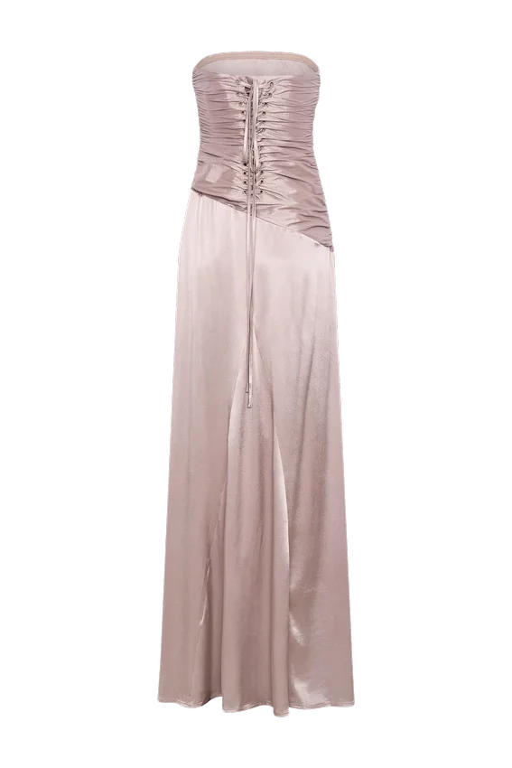Serena Strapless Taffeta Maxi Dress – Bronze Taupe Serena Strapless Taffeta Maxi Dress – Bronze Taupe