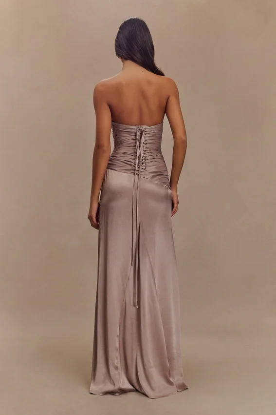 Serena Strapless Taffeta Maxi Dress – Bronze Taupe Serena Strapless Taffeta Maxi Dress – Bronze Taupe