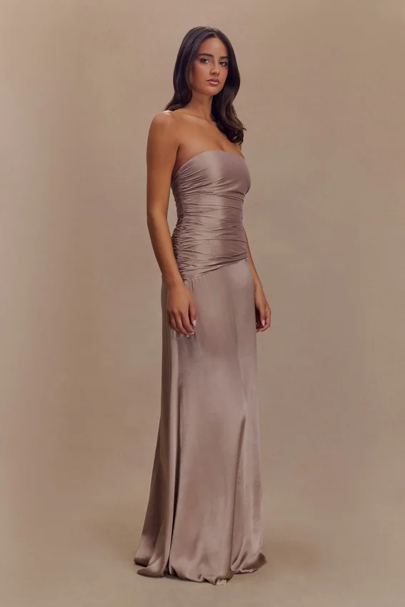 Serena Strapless Taffeta Maxi Dress – Bronze Taupe Serena Strapless Taffeta Maxi Dress – Bronze Taupe