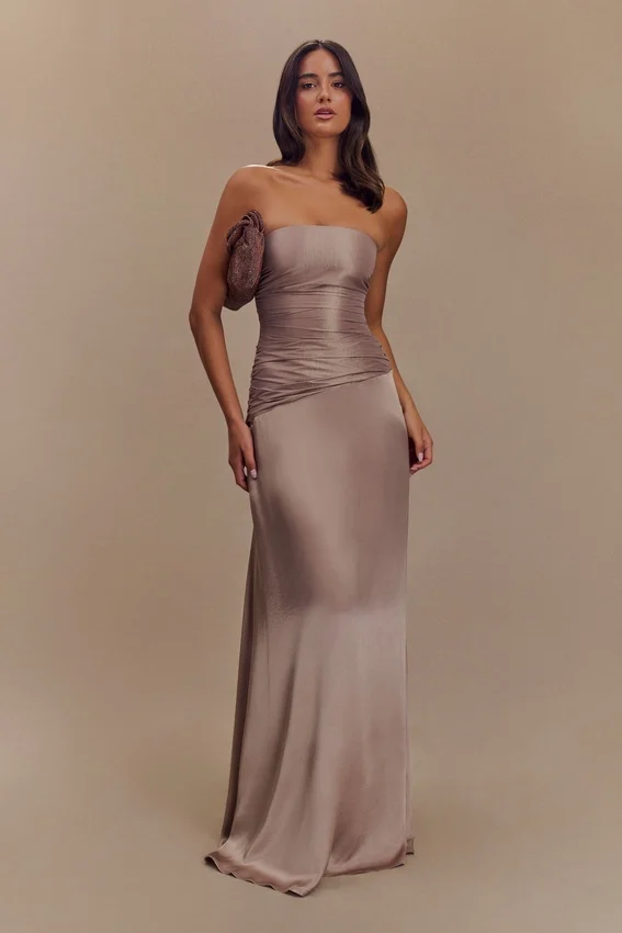 Serena Strapless Taffeta Maxi Dress – Bronze Taupe Serena Strapless Taffeta Maxi Dress – Bronze Taupe