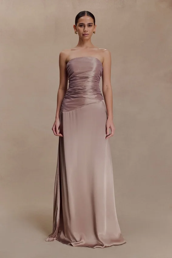 Serena Strapless Taffeta Maxi Dress – Bronze Taupe Serena Strapless Taffeta Maxi Dress – Bronze Taupe