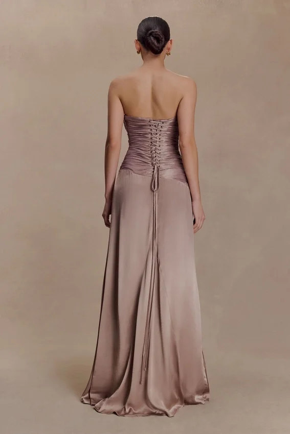 Serena Strapless Taffeta Maxi Dress – Bronze Taupe Serena Strapless Taffeta Maxi Dress – Bronze Taupe