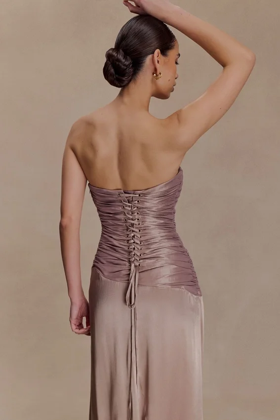 Serena Strapless Taffeta Maxi Dress – Bronze Taupe Serena Strapless Taffeta Maxi Dress – Bronze Taupe