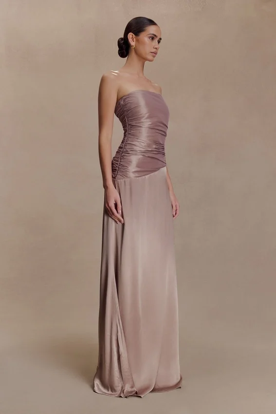 Serena Strapless Taffeta Maxi Dress – Bronze Taupe Serena Strapless Taffeta Maxi Dress – Bronze Taupe
