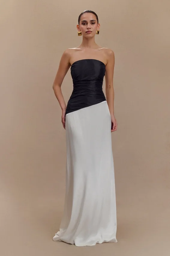Serena Strapless Taffeta Maxi Dress – White/Black Serena Strapless Taffeta Maxi Dress – White/Black
