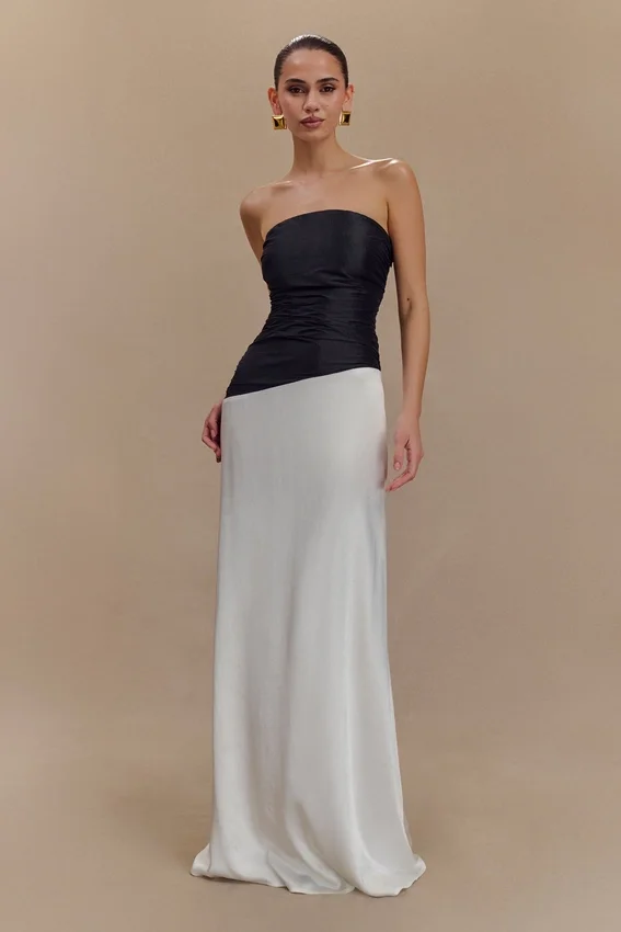 Serena Strapless Taffeta Maxi Dress – White/Black Serena Strapless Taffeta Maxi Dress – White/Black