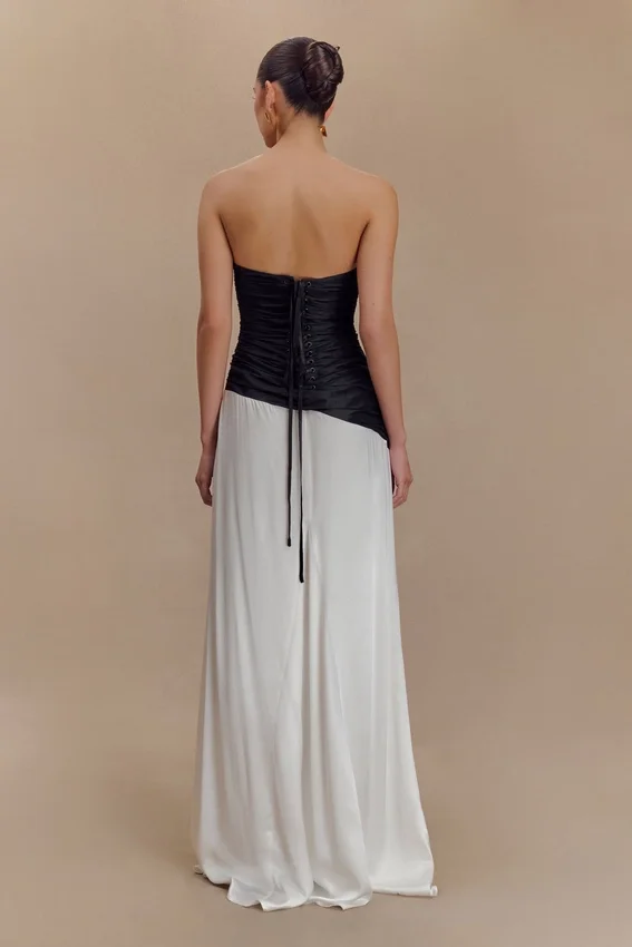 Serena Strapless Taffeta Maxi Dress – White/Black Serena Strapless Taffeta Maxi Dress – White/Black