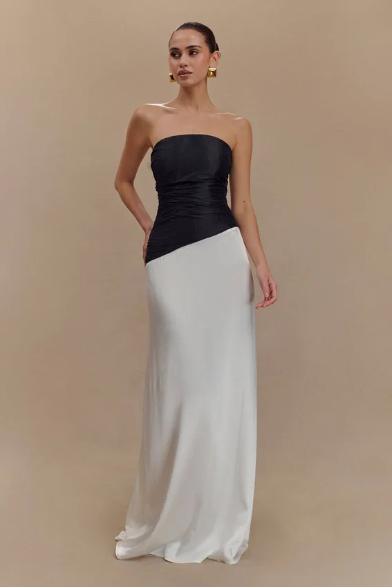 Serena Strapless Taffeta Maxi Dress – White/Black Serena Strapless Taffeta Maxi Dress – White/Black