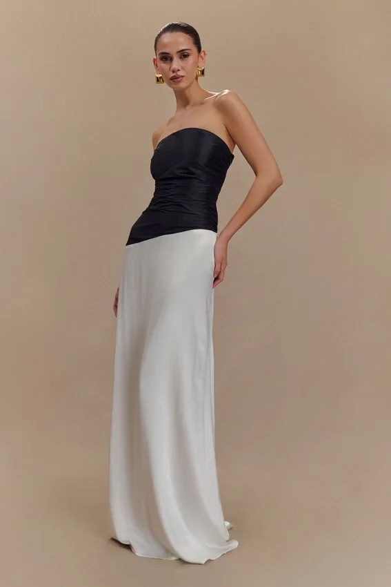 Serena Strapless Taffeta Maxi Dress – White/Black Serena Strapless Taffeta Maxi Dress – White/Black