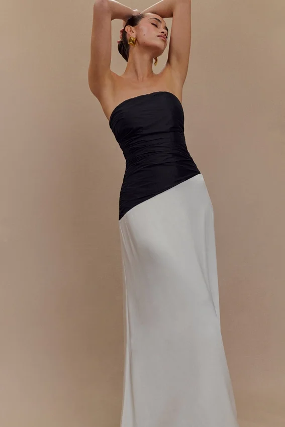 Serena Strapless Taffeta Maxi Dress – White/Black Serena Strapless Taffeta Maxi Dress – White/Black