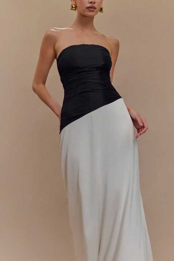 Serena Strapless Taffeta Maxi Dress – White/Black Serena Strapless Taffeta Maxi Dress – White/Black