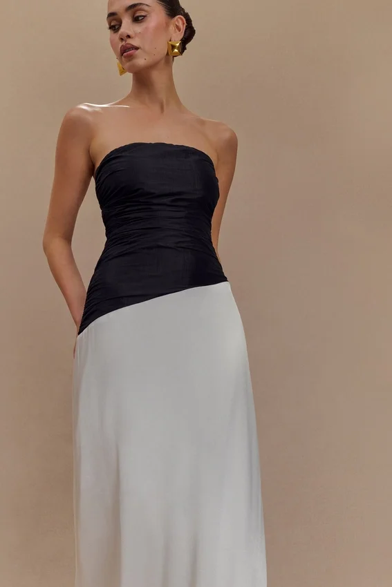 Serena Strapless Taffeta Maxi Dress – White/Black Serena Strapless Taffeta Maxi Dress – White/Black