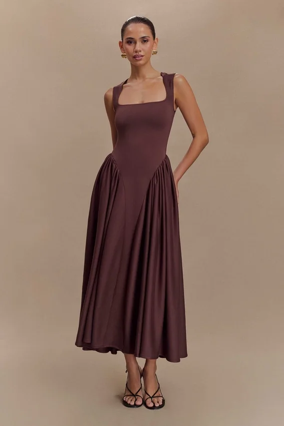 Sharon Scuba Jersey Midi Dress – Cacao Brown Sharon Scuba Jersey Midi Dress – Cacao Brown