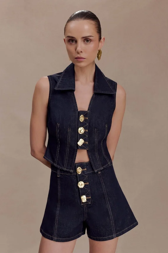 Shona Denim Vest With Decorative Buttons – Washed Indigo Blue Shona Denim Vest With Decorative Buttons – Washed Indigo Blue