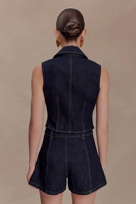 Shona Denim Vest With Decorative Buttons – Washed Indigo Blue Shona Denim Vest With Decorative Buttons – Washed Indigo Blue