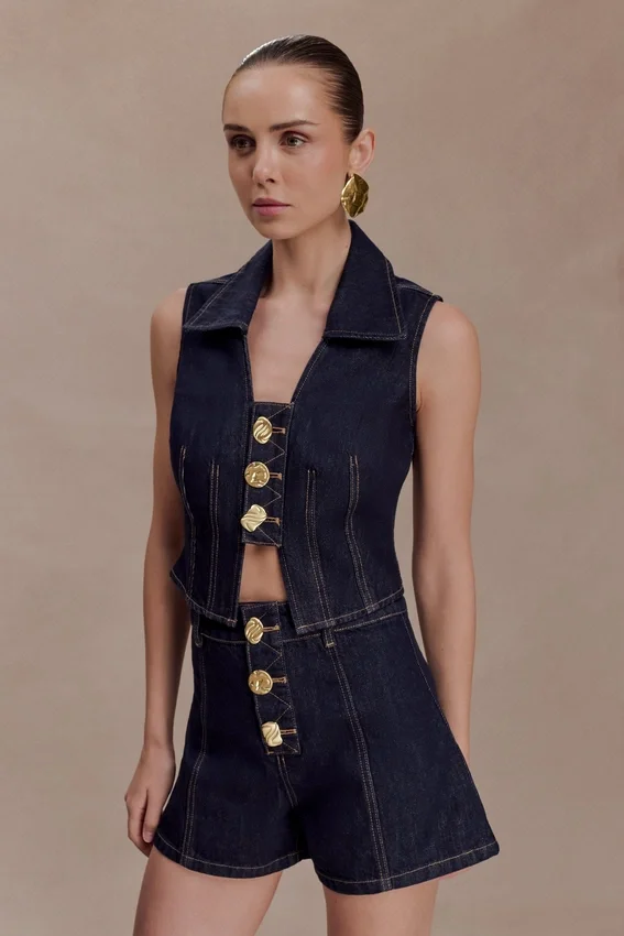 Shona Denim Vest With Decorative Buttons – Washed Indigo Blue Shona Denim Vest With Decorative Buttons – Washed Indigo Blue