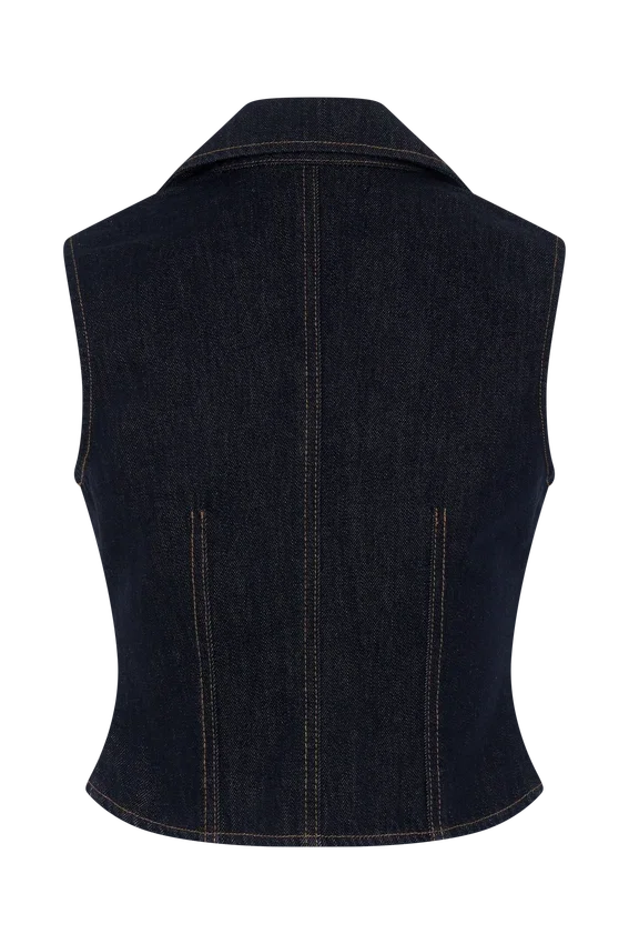 Shona Denim Vest With Decorative Buttons – Washed Indigo Blue Shona Denim Vest With Decorative Buttons – Washed Indigo Blue