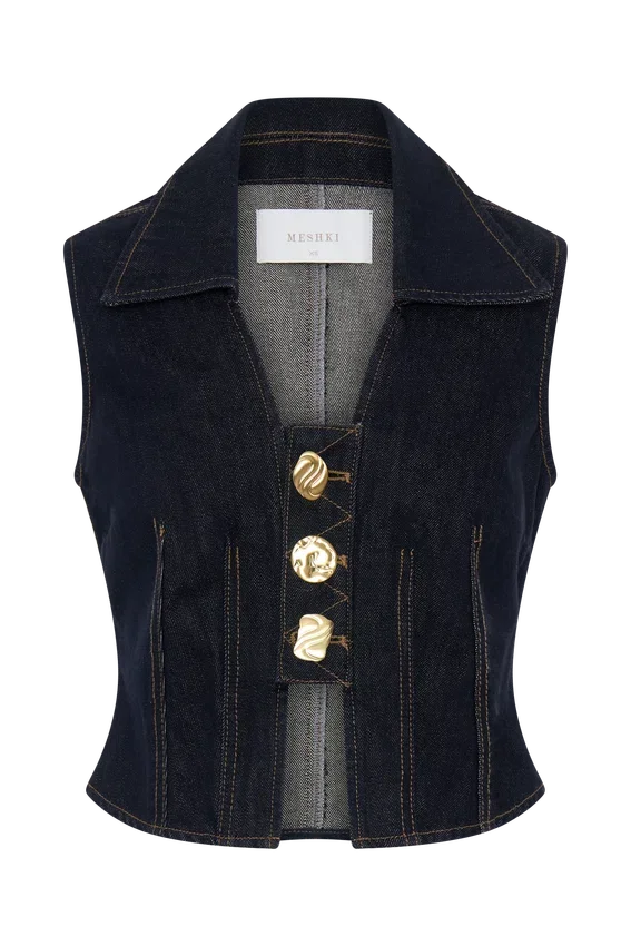 Shona Denim Vest With Decorative Buttons – Washed Indigo Blue Shona Denim Vest With Decorative Buttons – Washed Indigo Blue