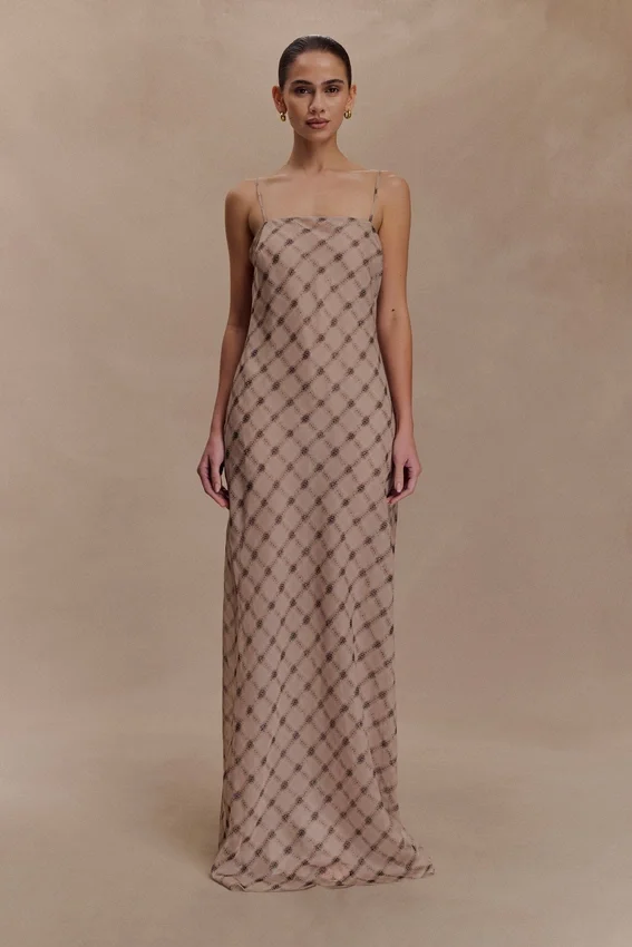 Silvana Chiffon Maxi Dress – Snake Check Print Mocha Silvana Chiffon Maxi Dress – Snake Check Print Mocha