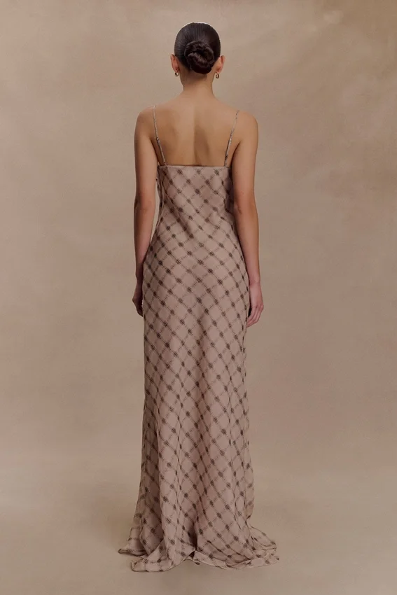 Silvana Chiffon Maxi Dress – Snake Check Print Mocha Silvana Chiffon Maxi Dress – Snake Check Print Mocha