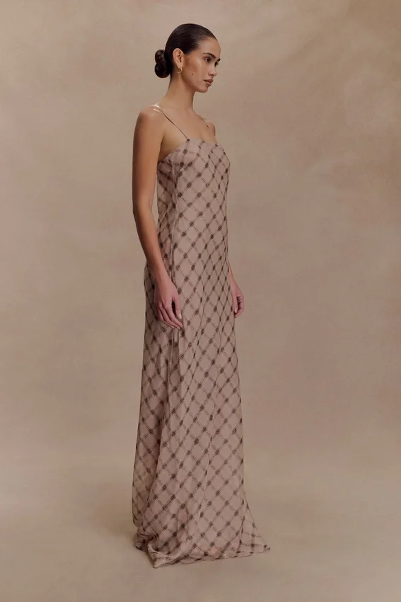 Silvana Chiffon Maxi Dress – Snake Check Print Mocha Silvana Chiffon Maxi Dress – Snake Check Print Mocha