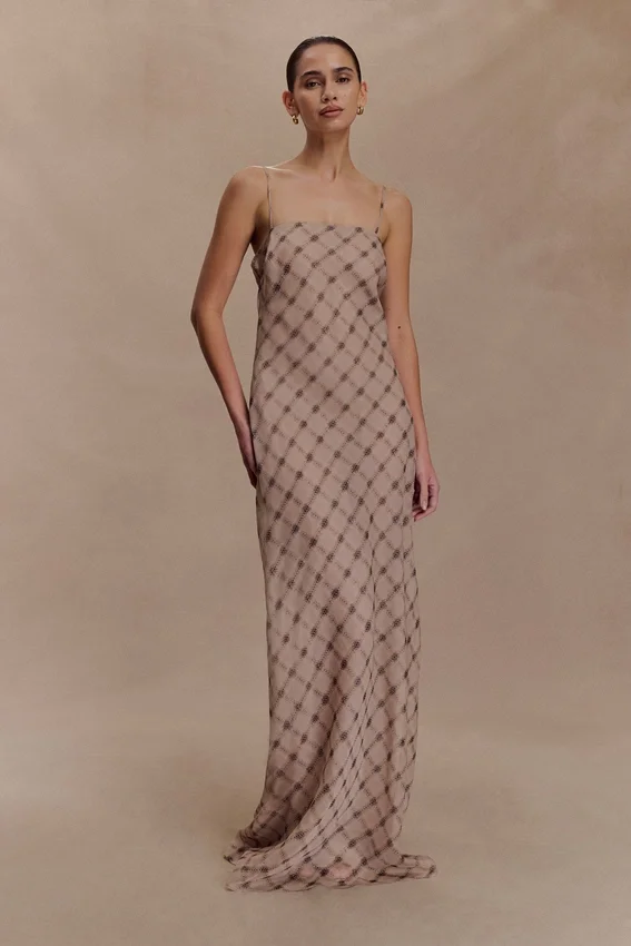 Silvana Chiffon Maxi Dress – Snake Check Print Mocha Silvana Chiffon Maxi Dress – Snake Check Print Mocha