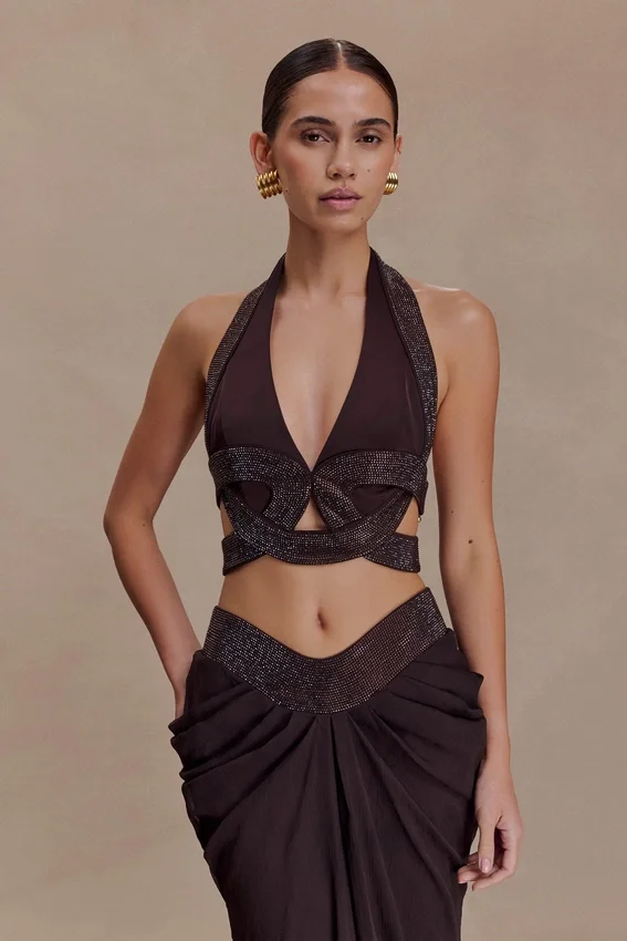 Siren Satin And Diamante Halter Top – Dark Chocolate Siren Satin And Diamante Halter Top – Dark Chocolate