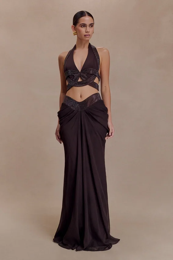 Siren Satin And Diamante Halter Top – Dark Chocolate Siren Satin And Diamante Halter Top – Dark Chocolate