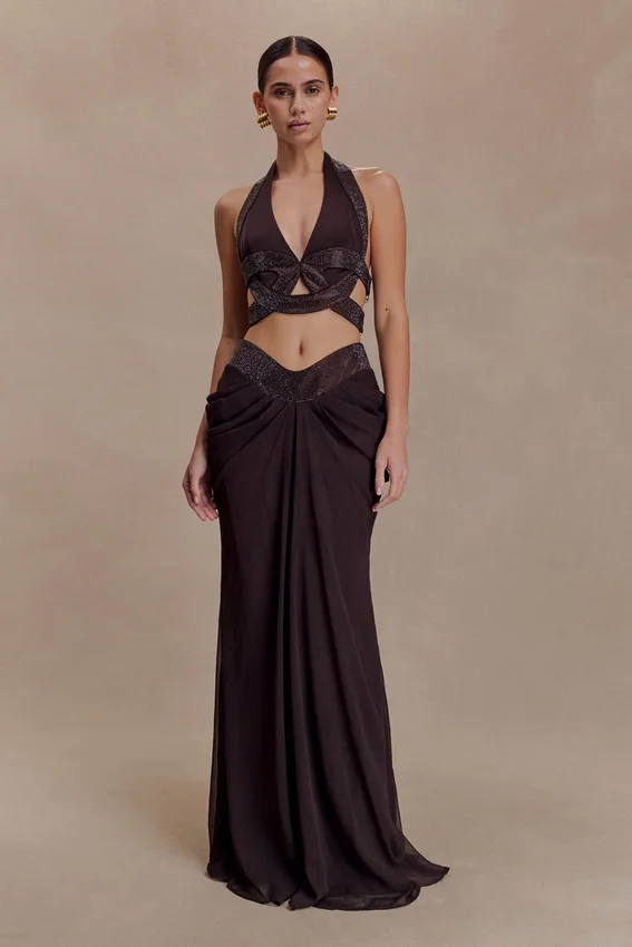 Siren Satin And Diamante Maxi Skirt – Dark Chocolate Siren Satin And Diamante Maxi Skirt – Dark Chocolate