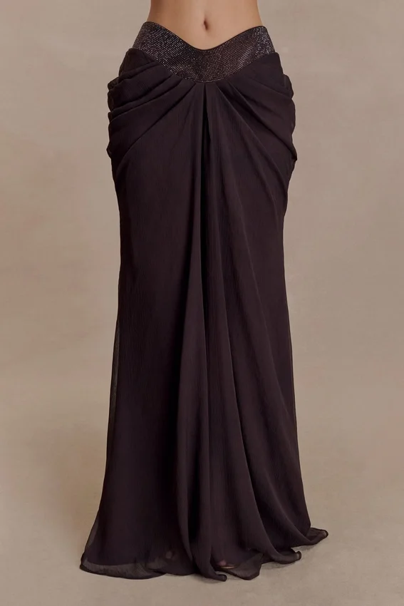 Siren Satin And Diamante Maxi Skirt – Dark Chocolate Siren Satin And Diamante Maxi Skirt – Dark Chocolate