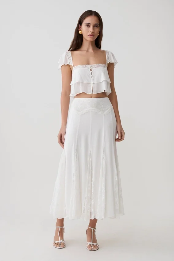 Skylar Lace Panelled Midi Skirt – White Skylar Lace Panelled Midi Skirt – White