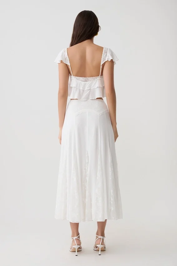 Skylar Lace Panelled Midi Skirt – White Skylar Lace Panelled Midi Skirt – White