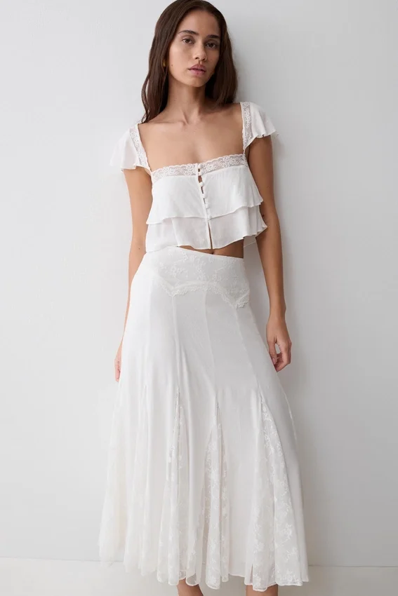 Skylar Lace Panelled Midi Skirt – White Skylar Lace Panelled Midi Skirt – White