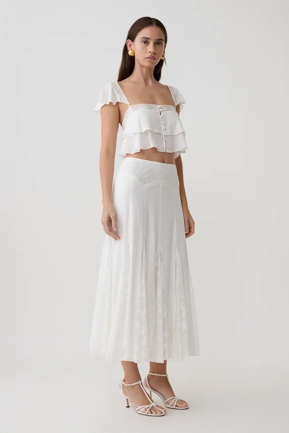 Skylar Lace Panelled Midi Skirt – White Skylar Lace Panelled Midi Skirt – White